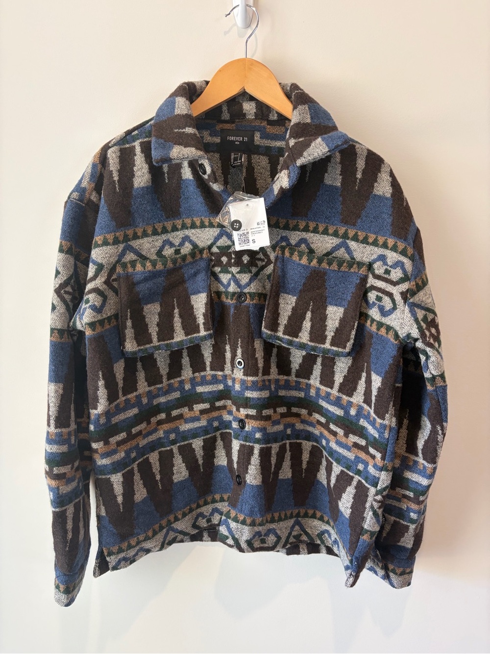Forever 21 Men's Aztec Pattern Blue & Brown Button-Up Sweater Jacket Small NWT